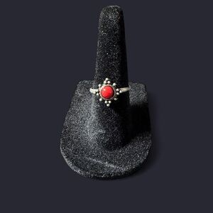 Silver Tone Red Cabochon Ring - Adjustable Size , Sits at a 5½